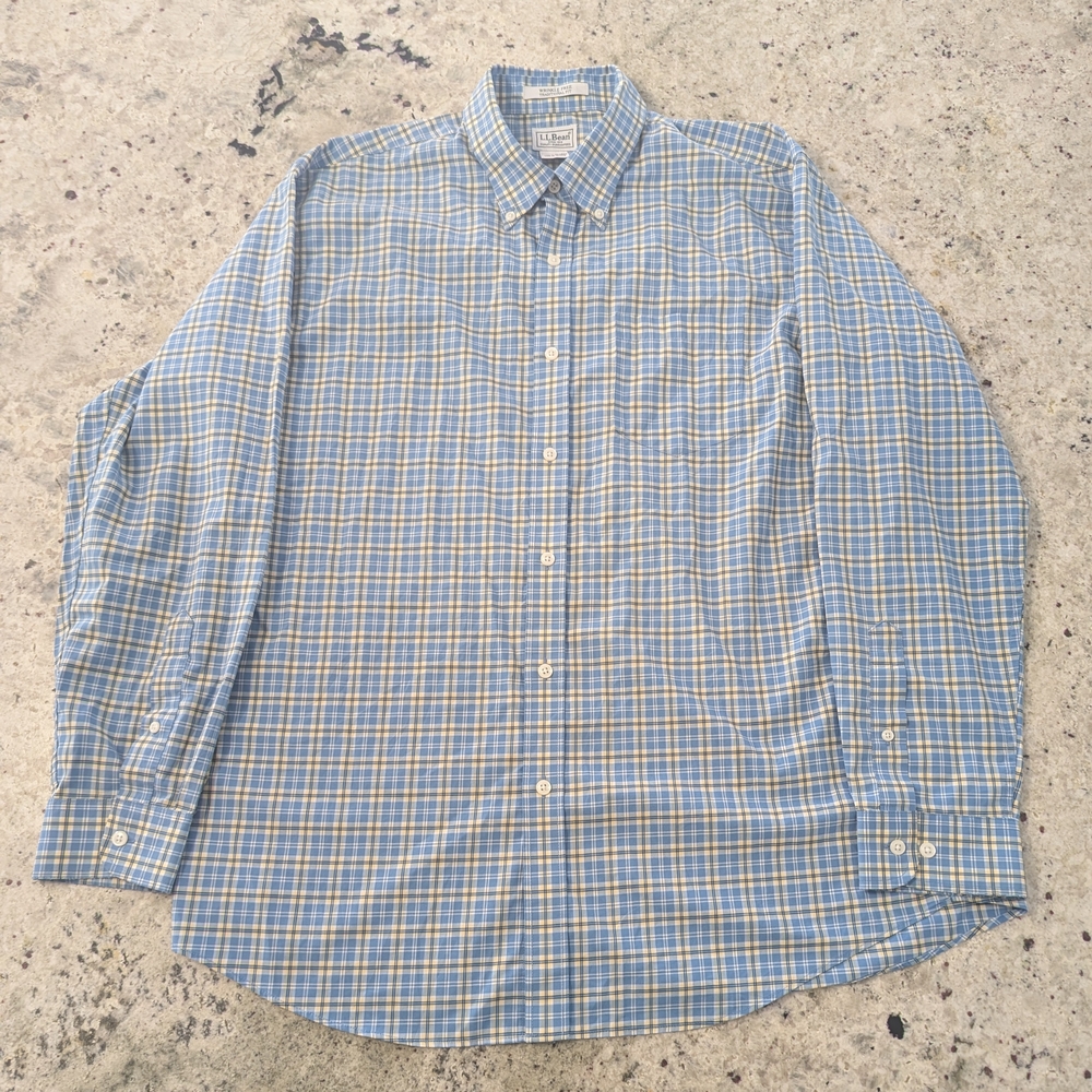 L.L. Bean Light Blue and Cream Plaid Button-Down Shirt